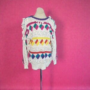Bonnie Boerer Vintage 80s Colorful Sweater with Attached Tassels Size Large